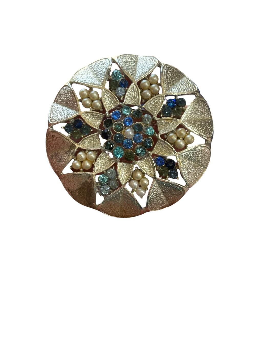 Vintage Rhinestone Faux Pearl Flower Brooch Blue Silver Tone Restored & Ready